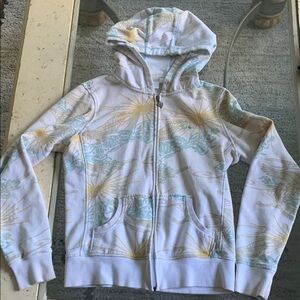 EZEKIEL White Hooded Zip Up Sweatshirt with Blue & Yellow Pattern.